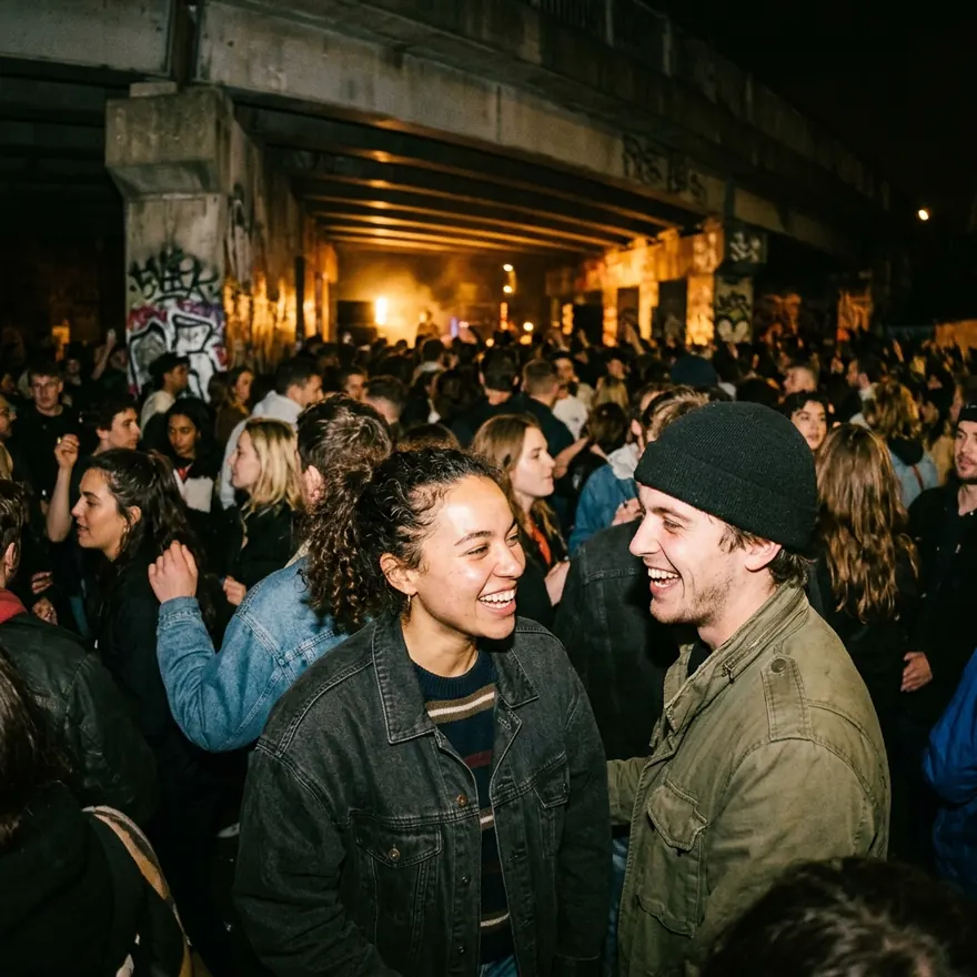 Two people spot each other and laugh in a crowd at a gig under a canal bridge.