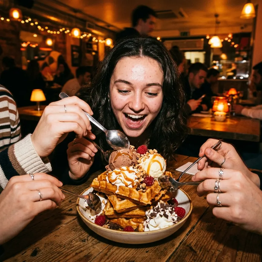 A woman grins at a huge waffle dessert as friends reach in with spoons.