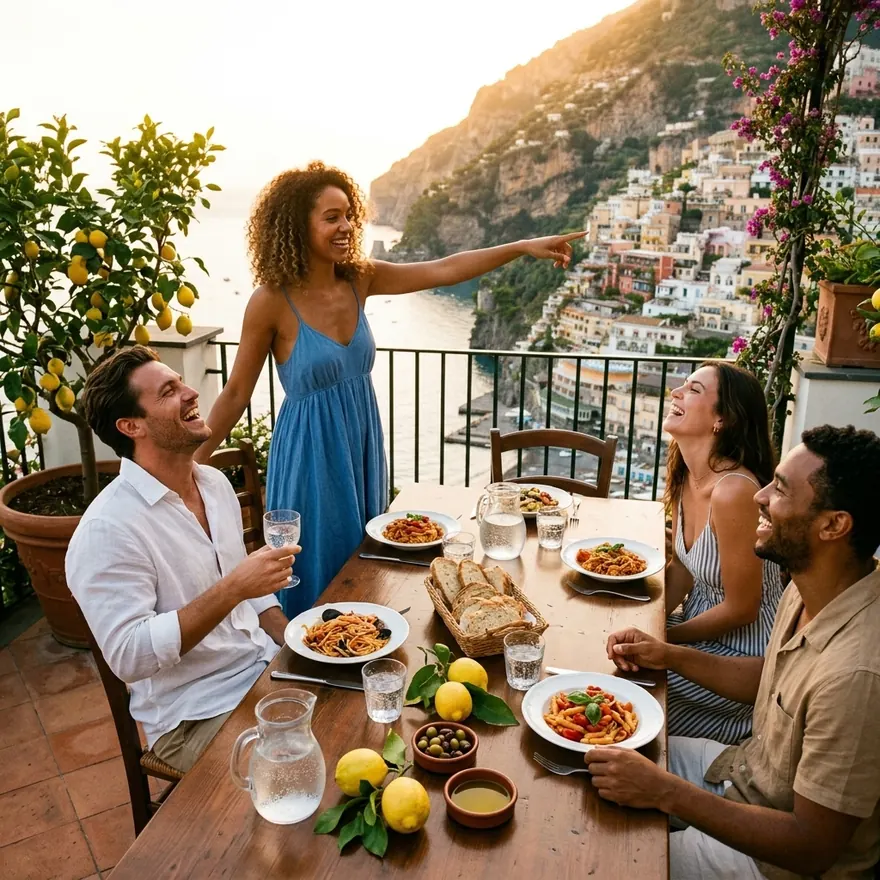 Five friends at a terrace table above the sea in Positano, one pointing out at the view.