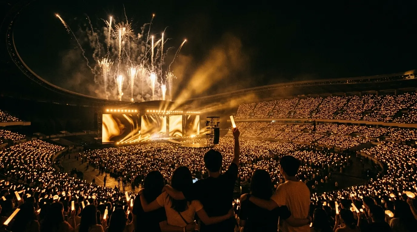 Friends with their arms round each other watch a stadium concert: a sea of amber light sticks, fireworks over the stage.