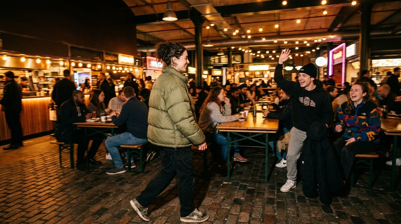 A woman walks into a busy food hall at night while her friends at a long table wave her over.