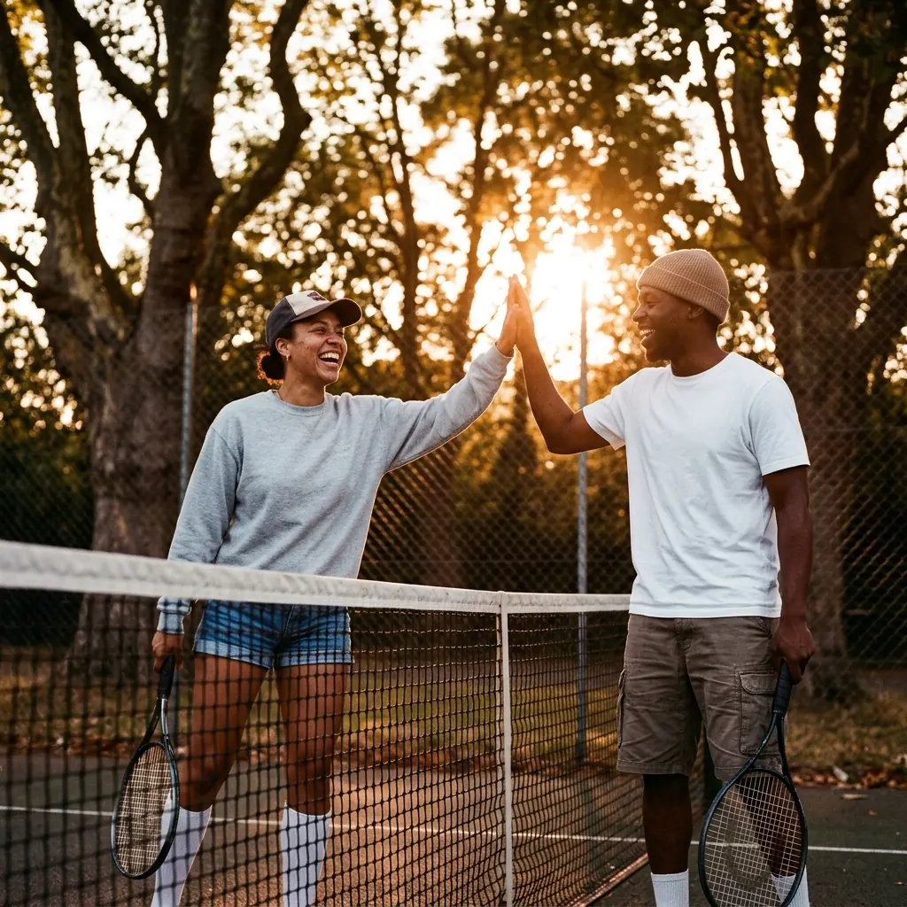 Two players high-five over a tennis net at sunset.