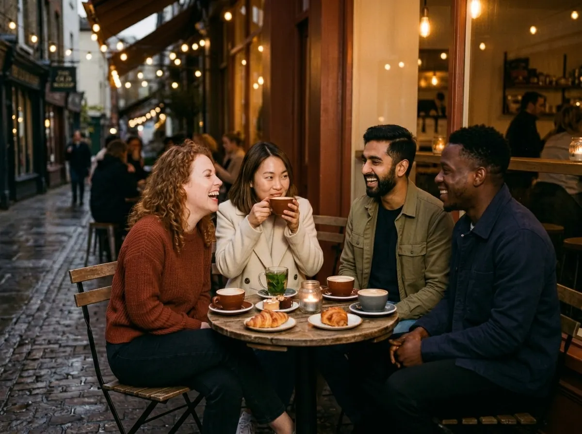 Four friends laugh over coffee and croissants at a café table on a cobbled lane at dusk.